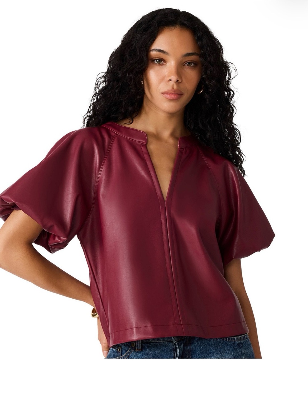 Steve Madden Burgundy Faux-Leather V-Neck Short Sleeve Blouse